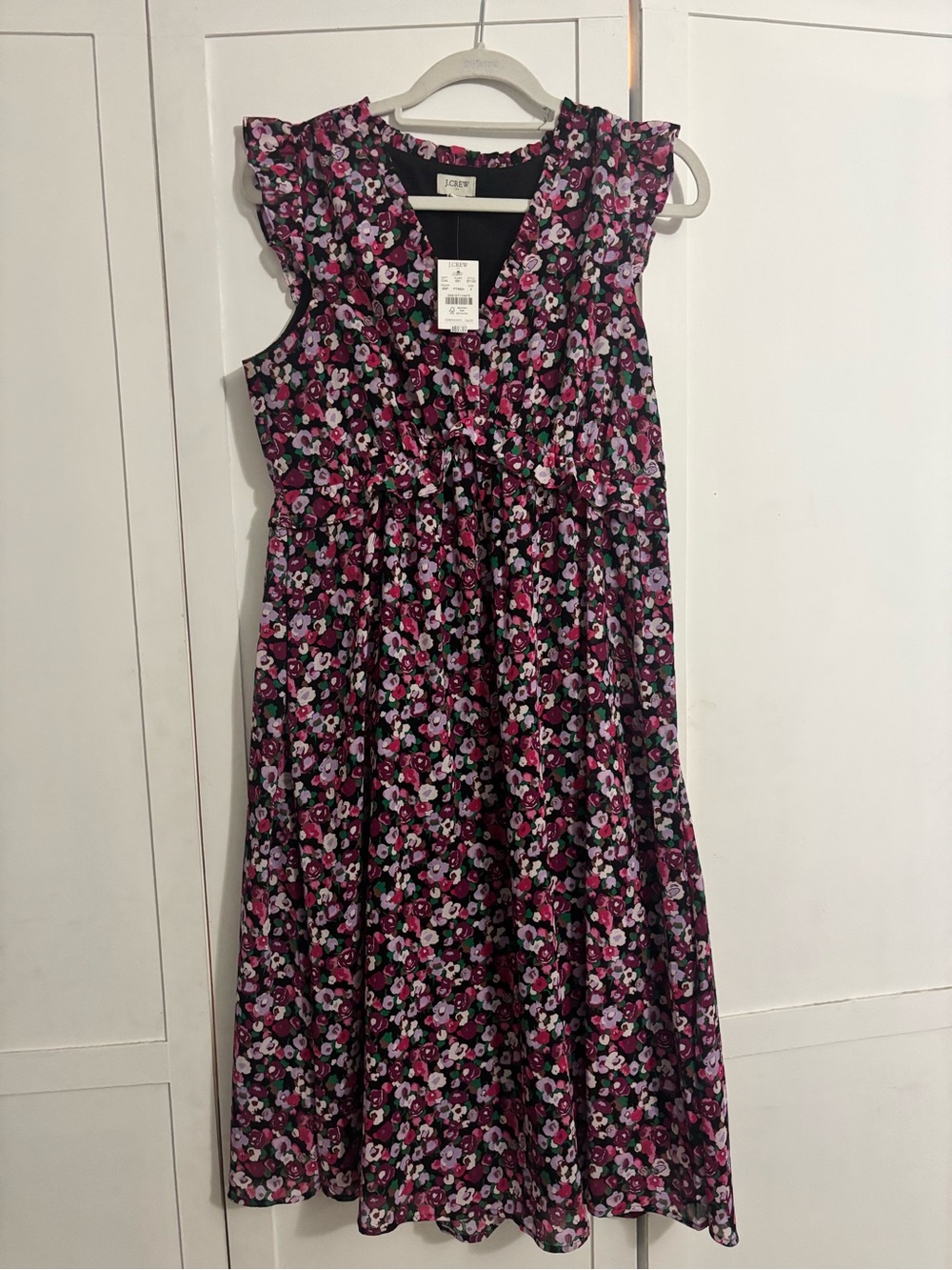 J. Crew Black Floral Midi Dress with Pink & Purple Blossoms